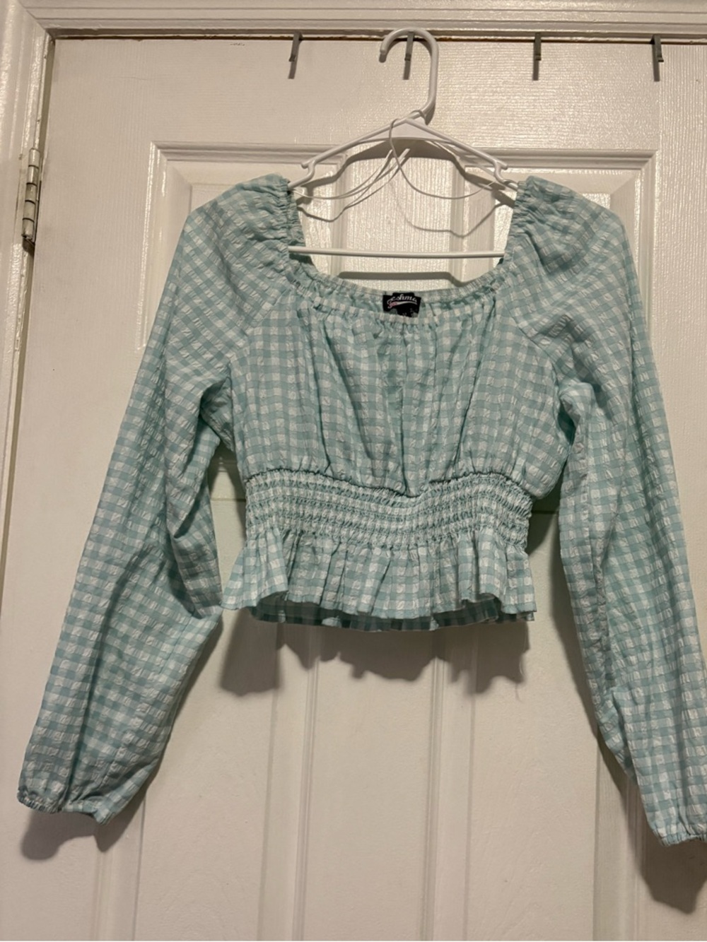 Freshman Mint Green Gingham Smocked Peasant Top